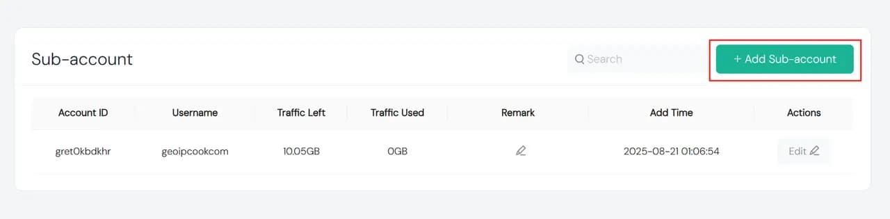 IPcook Manage Proxies Sub-Account