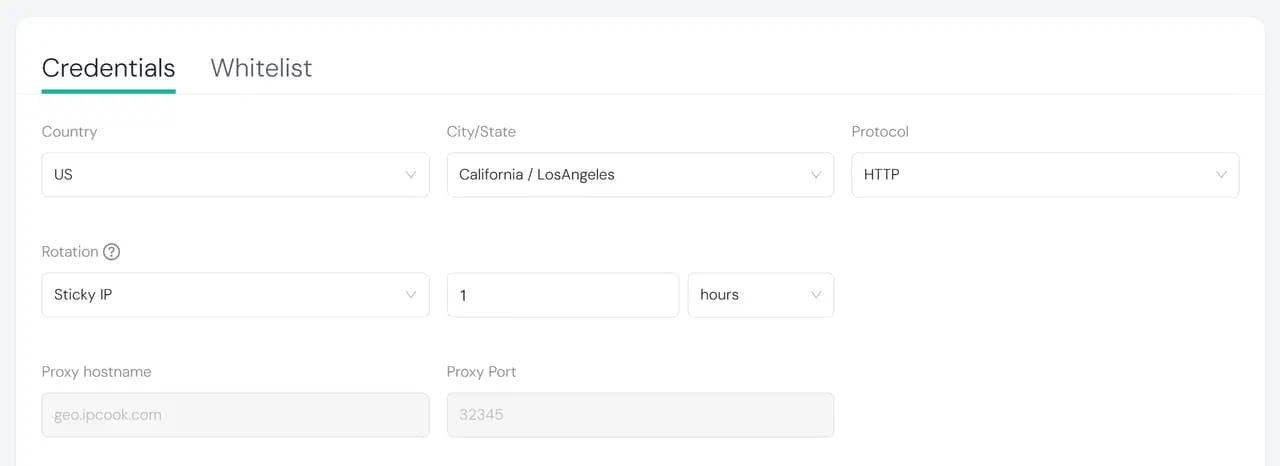 IPcook Proxy Credentials Settings